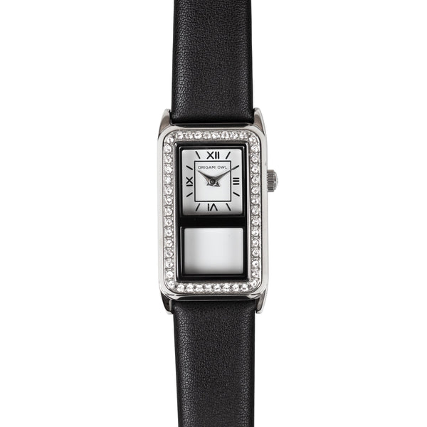 Origami Owl Silver Watch With Black Leather Band    10\'  New s-l400.jpg main image 2